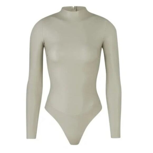 Skims Faux Leather Bodysuit Tan Snap Closure Long Sleeve Plus 2X Stretch NWT - Picture 11 of 12
